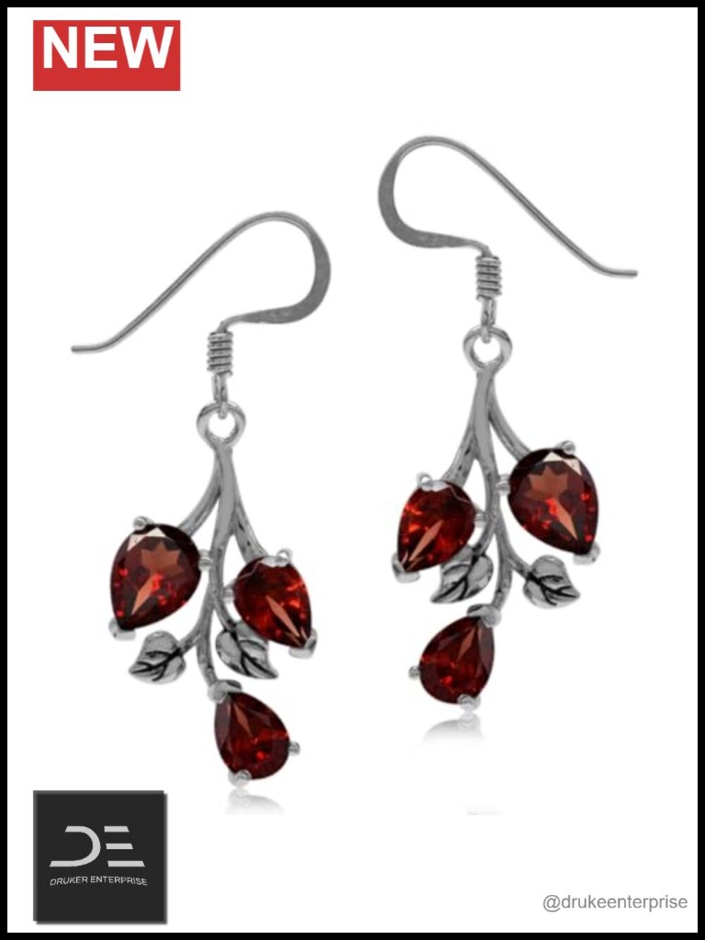 925 Sterling Silver Natural Garnet Leaf Drop Dangle Earrings Gift for Women
